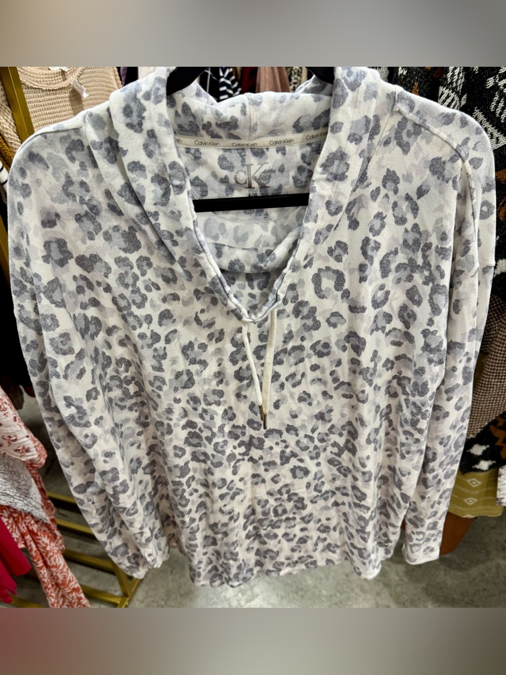Calvin Klein Light Gray & White Leopard Hooded Pullover
